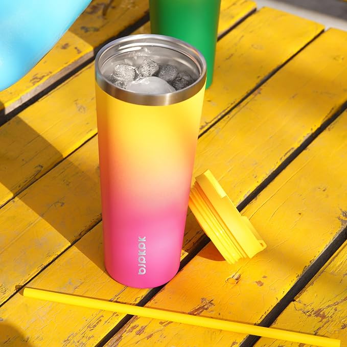 BJPKPK 26 oz Coffee Tumbler with Straw, Insulated Stainless Steel Cup | Double Wall Vacuum, Leak Proof Lid, Keeps Hot/Cold/Iced, BPA Free, Dishwasher Safe, Travel & Outdoor, Pink Yellow Rose