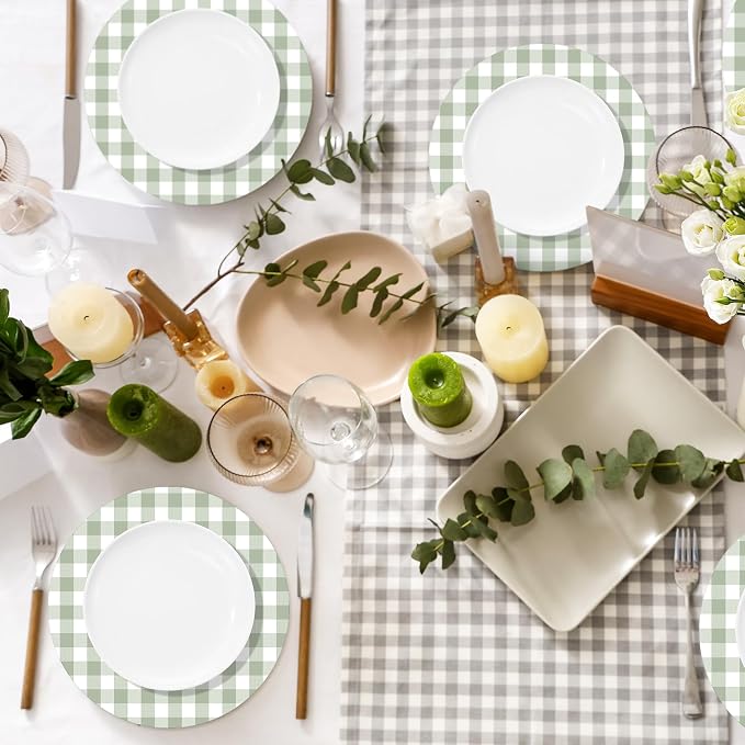 Funnymoom 60 Pcs Green and White Gingham Disposable Paper Placemats Round Table Place Mat Summer Checkered Decorative Paper for Baby Shower Wedding Birthday Party Dinner Table Decor