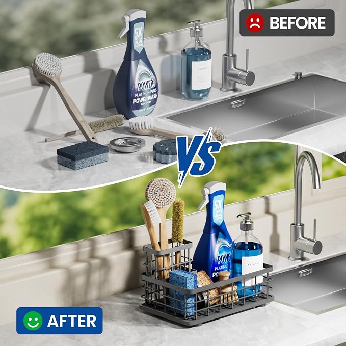 Kitchen Sink Caddy Organizer with Sponge & Brush Holder, Stone Drying Mat | Extra-Large Kitchen Countertop Organizer, Stainless Steel Kitchen Sink Accessories with Quick-Dry Soap Tray for Fewer Stains.