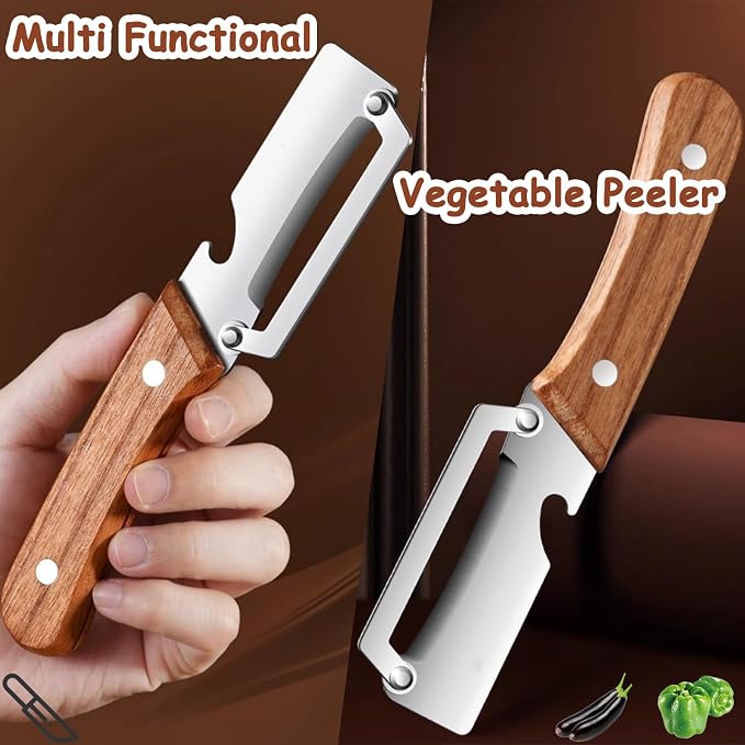 Premium Vegetable Peeler with Wooden Handle and Bottle Opener, Multi Functional Vegetable Peeler for Kitchen, Stainless Steel Blade Kitchen Tool for Vegetables or Fruits That Need to Be Peeled(2PCS)