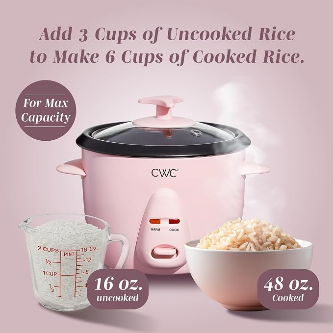 COOK WITH COLOR 6 Cup Rice Cooker 300W - Effortless Cooking and Perfectly, Cooks 3 Cups of Raw Rice for 6 Cups of Cooked Rice, Pink