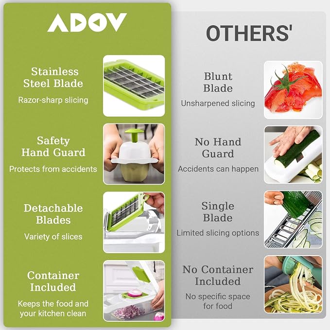 ADOV Mandoline Slicer for Kitchen, Vegetable Chopper with Container, 14 in 1 Multifunctional Food Chopper, 7 Blade Onion Cucumber Slicer Vegetable Cutter for Salad, Potato Essential Kitchen Gadgets