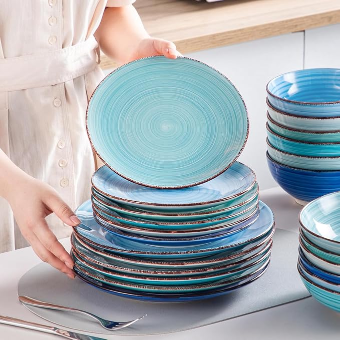 vancasso Bonita Stoneware Dinnerware Sets, 24 Pieces Dishes Set for 6 | Hand-Painted Spiral Dishes for Dinner, Ceramic Kitchen Plates and Bowls Sets-Microwave and Dishwasher Safe (Blue,24 Pcs)