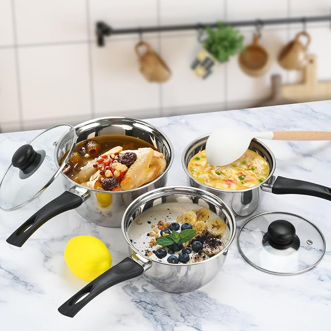 Stainless Steel Pot Set with Lid 6pcs,Sauce Pans 1QT & 2QT & 3QT Set,Triply Bottom Stainless Steel Pot Set