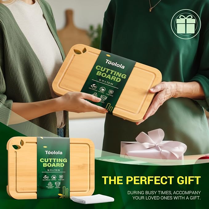 Bamboo Cutting Boards for Kitchen, Wooden Cutting Boards, 11 x 7.5 inch | Knife-Friendly Chopping Boards with Silicone Mat, Charcuterie Boards with Side Handles and Juice Grooves