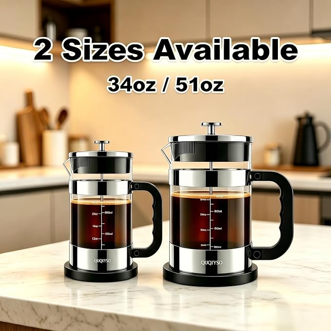 QUQIYSO French Press Coffee Maker 34oz, Thickened Glass Coffee French Press | Stainless Steel Coffee Press, 4 Filter Easy to Clean, Cold Brew Coffee Maker, Suitable for Kitchen Party Gifts(Silver)