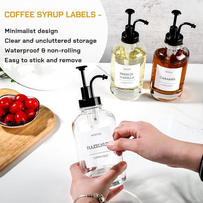 Coffee Bar Accessories,MHDCLY Coffee Syrup Dispenser - 4pack,16.9oz Syrup Dispenser with Labels ,Syrup Pump Dispenser for Coffee Bar(Black Pump)