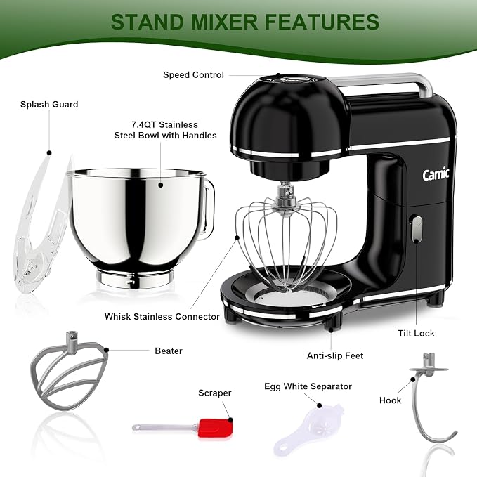 Camic Electric Stand Mixer,7.45 QT,10 Speeds with Dough Hook,Whisk, Flat Beater Attachments, Splash Guard, Easy-Carry Top Handle,3-IN-1 Kitchen Mixer for Baking Cakes Cookie Bread Salad (Black)