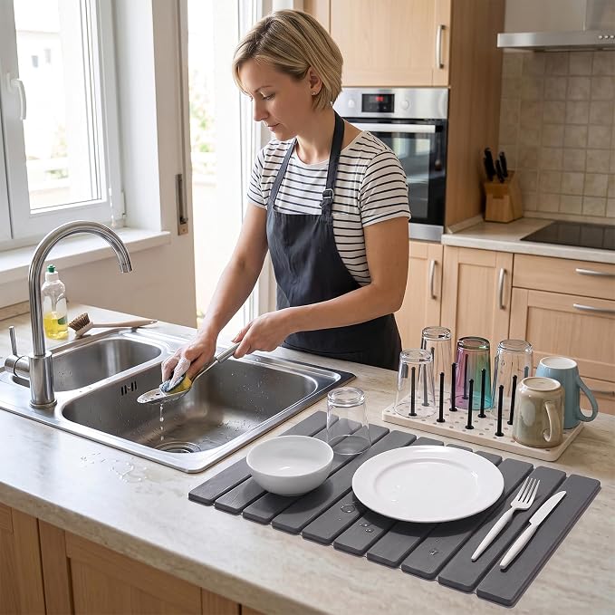 Stone Drying Mat for Kitchen Counter (24”x16”) with Dish Rack | Quick Dry Diatomaceous Earth Dish Mat– Foldable Water Absorbing Drying Organizer Pad for Countertop Plate Bottles Cups(Pure)