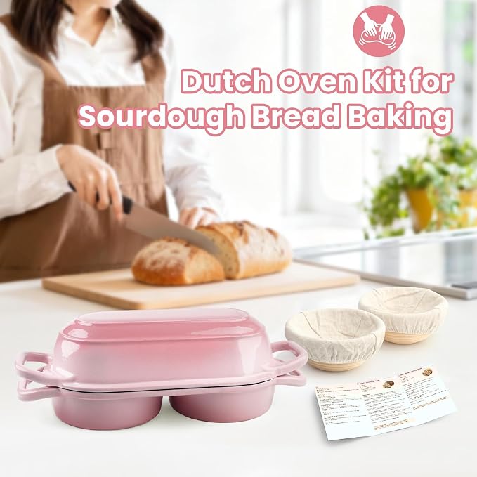 YONILL Mini Double Dutch Oven with Lid for Sourdough Bread Baking (Pink) | Enameled Cast Iron Pot with Lid, 5" Banneton Bread Proofing Basket Include, Dual Round Bread Loaf Pan for Homemade Baking