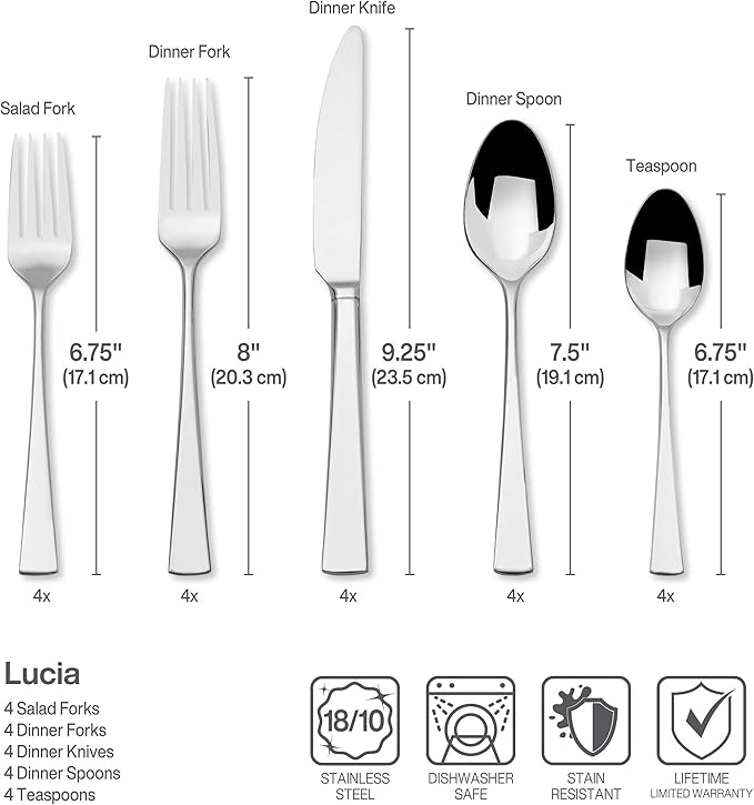 Mikasa Lucia 20-Piece Flatware Set, Service for 4, 18/10 Stainless Steel Silverware Set with Dinner Forks, Salad Forks, Knives, Spoons and Teaspoons, Dishwasher Safe
