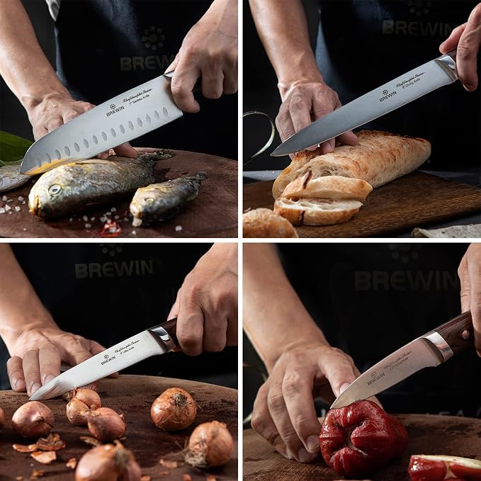 Brewin CHEFILOSOPHI Japanese Chef Knife Set 5 PCS with Elegant Red Pakkawood Handle Ergonomic Design,Professional Ultra Sharp Kitchen Knives for Cooking High Carbon Stainless Steel