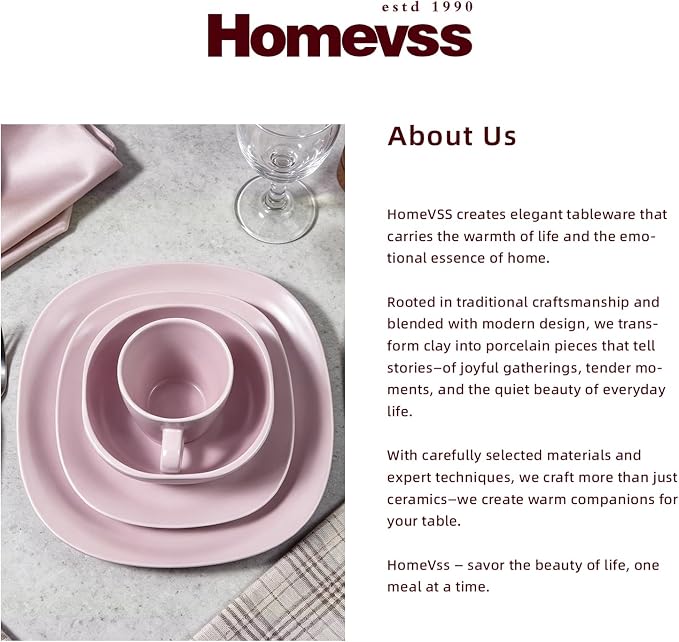 HomeVss, Stoneware Square 16pc Dinnerware Set, Matte Rose