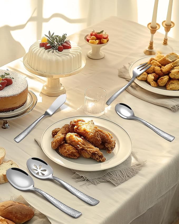 Stainless Steel Large Serving Utensil Set with Hammered Serving Spoon,Slotted, Fork,Butter Knife,Sugar Spoon Hostess Serving Utensil Set for Parties,Buffet,Dishwasher Safe