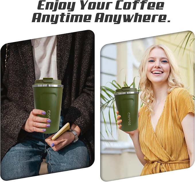 SPLMIFA Travel coffee mugs leak-proof, reusable coffee cups with lids, stainless steel vacuum insulated coffee tumblers, thermal insulation cups for men & women keep drinks hot & cold(2nd-Green, 12OZ)