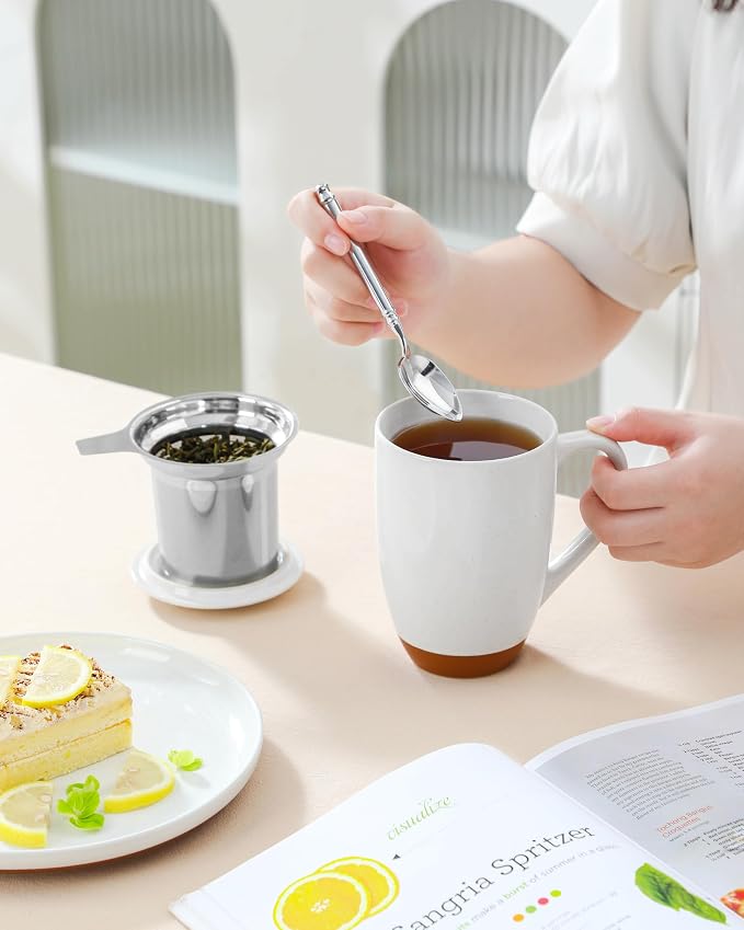 MALACASA Ceramic Tea Mug with Lid and Stainless Steel Infuser, 18 oz Large Tea Cup for Loose Leaf Tea, Heat-Resistant, Microwave & Dishwasher Safe, Speckled Glaze Coffee & Tea Brewer Mug, Khaki White