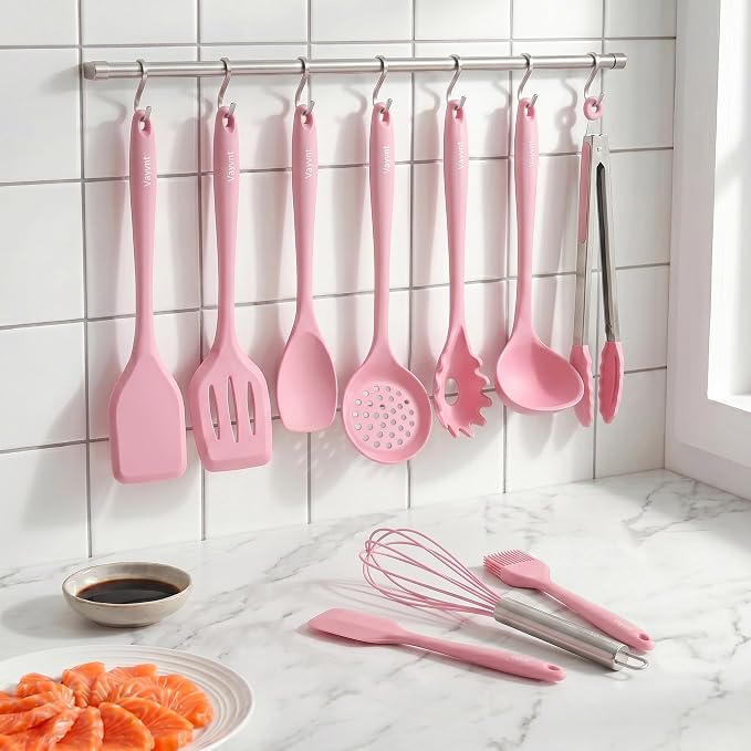 Vayvnt Cooking Utensils Set, 10PCS Non Toxic Silicone Set for Kitchen, Pink | Seamless construction, Soft Silicone for Nonstick Pan, Dishwasher Safe, Kitchen Gadgets for Home Apartment, Housewarming Gift