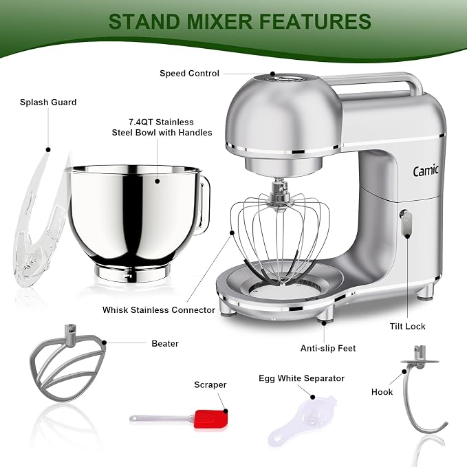 Camic Electric Stand Mixer,7.45 QT,10 Speeds with Dough Hook,Whisk, Flat Beater Attachments, Splash Guard, Easy-Carry Top Handle,3-IN-1 Kitchen Mixer for Baking Cakes Cookie Bread Salad (Silver)
