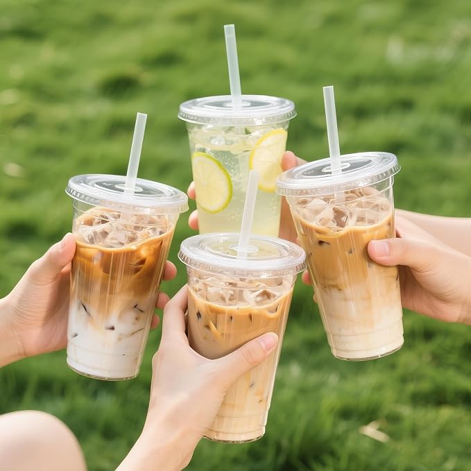 Ginkgo 32 oz Clear Plastic Cups with Lids and Jumbo Straws | Leak-Proof & Sturdy Disposable To Go Iced Coffee Cups for Smoothie, Boba Milk Tea - 50 Pack