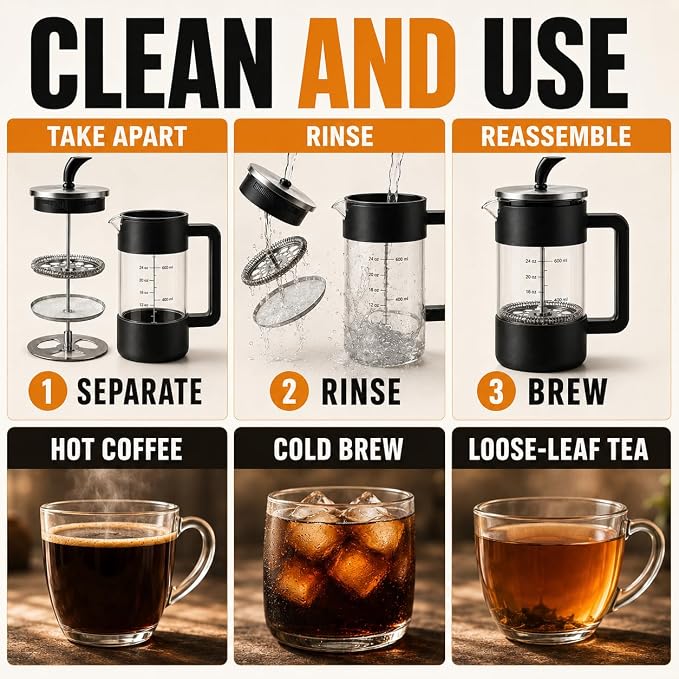 French Press Coffee Maker, 34 oz / 1000 ml Glass Coffee Press with 3-Level Stainless Steel Filter, Easy-Read Measurements, Protective Outer Shell and Ergonomic Handle, Black