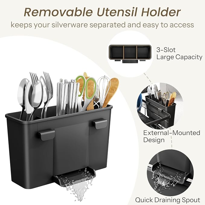 SNTD Dish Drying Rack for Small Kitchen Counter, 11" W x 15" L, Black | Space Saving, Rotating Spout & Angled Drainboard for Quick Drainage, Stainless Steel, Removable Utensil Holder