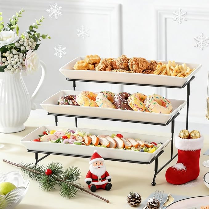 MALACASA 3 Tier Serving Trays, White Porcelain Serving Platters, 14 Inch | Tiered Cupcake Stand for Party, Fruit Tray, Trays for Serving Food, Dessert Stand with Collapsible Sturdier Metal Rack