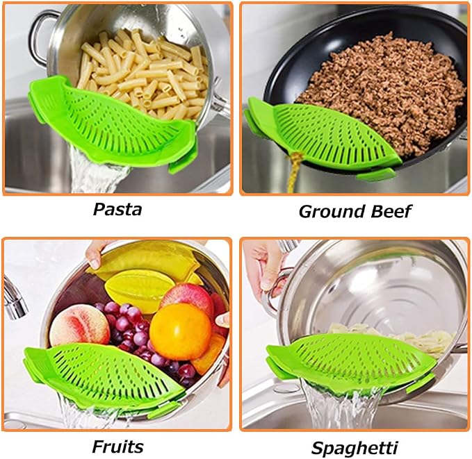 YEVIOR Clip on Strainer for Pots Pan Pasta,Silicone Food Pan Strainer | Food-grade BPA-free,Kitchen Food Strainer for Spaghetti, Pasta,Vegetable Fruits Fits All Bowls and Pots (Green)