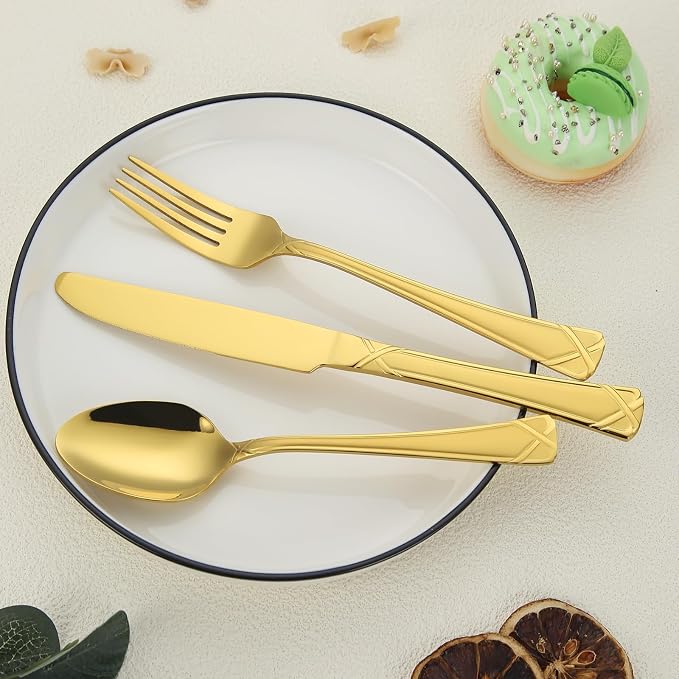30-Piece Gold Silverware Set, Stainless Steel Flatware Set Cutlery Set include Knives, Forks and Spoons Service for 6, Mirror Polished