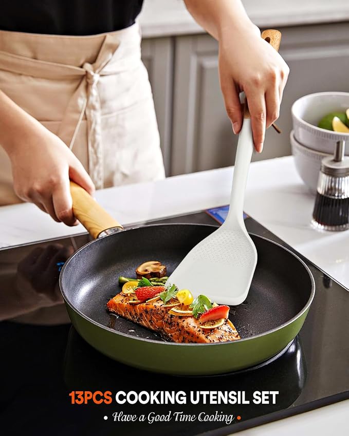 13PCS Silicone Kitchen Utensils Set for Nonstick Cookware, White | Food Grade, Heat Resistant Kitchen Utensil Spatula Set, Wooden Handles Kitchen Gadgets Tools Set