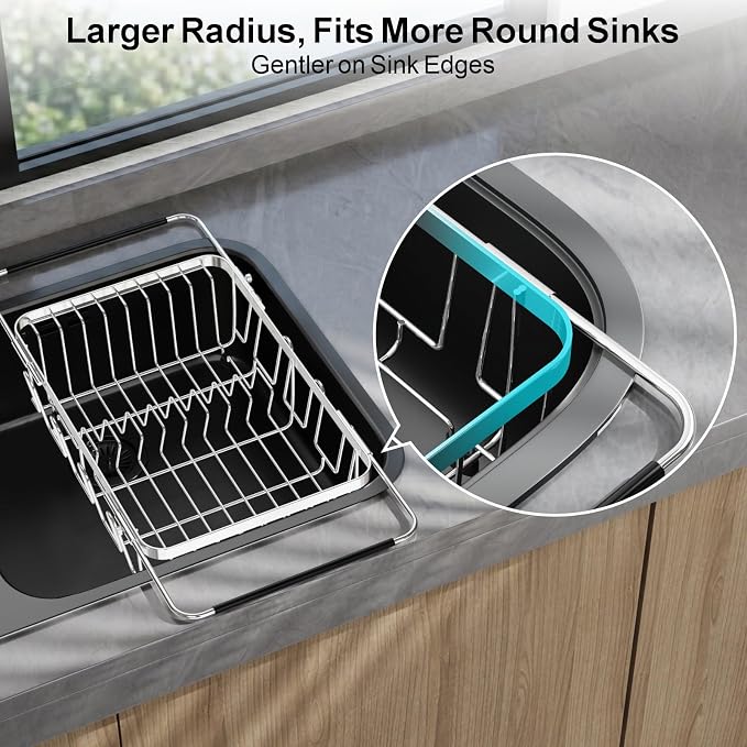 Dish Drying Rack Over the Sink - Expandable Stainless Steel Drainer | Twist-Lock Adjustable Handle, Cup Hooks, Utensil Holder, Compact Design for Apartments, RVs & Small Kitchens, Rust-Resistant