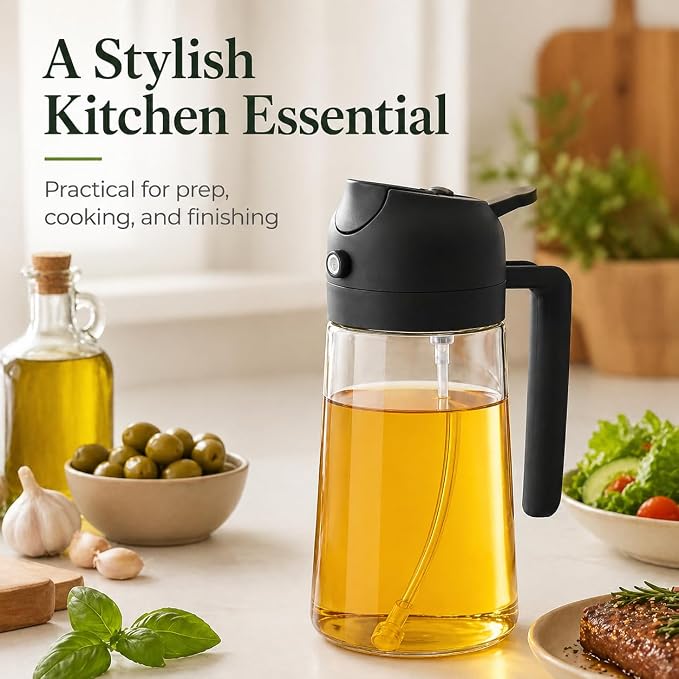 Oil Sprayer for Cooking, 2 in 1 Glass Olive Oil Dispenser and Spray Bottle, Fine Mist Olive Oil Mister with Pour Spout, One-Hand Kitchen Oil Dispenser for Salad, Veggies, Grilling