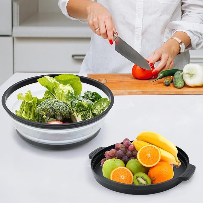Microwave Splatter Cover for Food with Anti-scald Base Plate,Large Plastic & Silicone Vented Avoid Scalding Collapsible Guard Lid, Plate & Kitchen Colander for Meal Prep-10.7 Inch (2pcs-Gray-Black)
