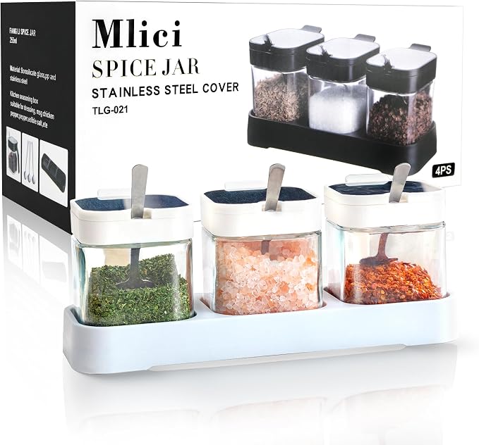 Mlici 3Pcs 8.6oz Glass Condiment Container Jars with Lids and Spoons, White | Clear Salt Sugar Container Set, Seasoning Jars with Spoons, Spice Jars Boxes for Kitchen Counter Organizer, Housewarming Gift