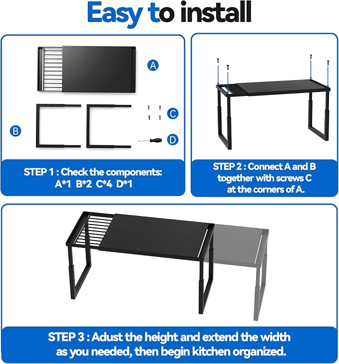 Expandable Cabinet Shelf Organizer, Stackable Countertop Shelves, Black | 15.8''- 25.5'' In Cabinet Shelf, Adjustable Kitchen Cabinet Organizer for Pantry Organizer, CupBoard Organizers and Storage