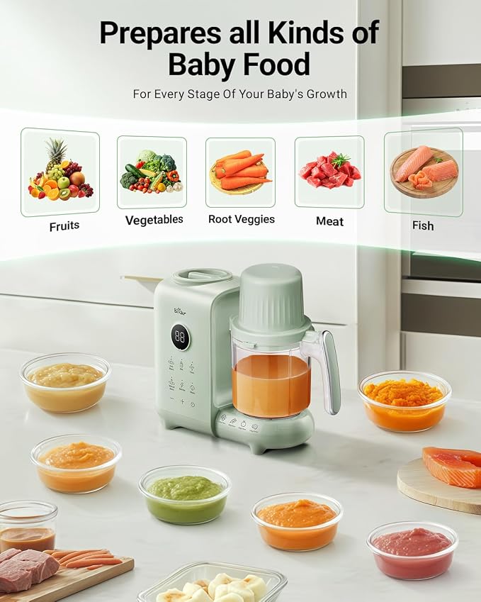 Bear Baby Food Maker Steamer&Blender with Dual-Layer Steam Baskets, 18.5oz | OneStep Baby Food Processor Puree Maker Grinder Mills Bottle Warmer, Sterili-zing for Healthy Homemade Baby Puree, BPA-Free