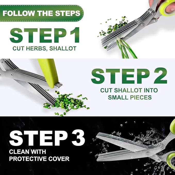 Herb Scissors, Shallot Scissors, Multipurpose 5 Blade Kitchen Herb Shears, Herb Cutter with Safety Cover and Cleaning Comb for Chopping Shallot Basil Chive Parsley