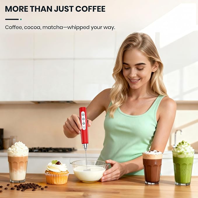 Colarlemo Milk Frother Handheld Rechargeable, Frother Wand Drink Mixer Electric Whisk for Coffee, Detachable With 3 Stainless Whisks, Hand Mixer for Lattes, Cappuccino, Matcha, Egg, No Stand, Red
