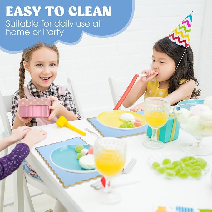 FoldTier 150 Pcs Disposable Paper Placemats Bulk 10"x14" Rectangle Place Mats with Scalloped Edges Dining Table Mat for Wedding Birthday Party Table Decoration(Baby Blue)