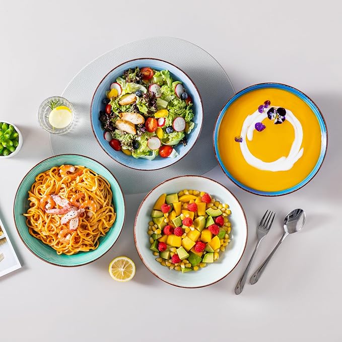 vancasso Bonita Pasta Bowls Set of 6, 50oz Large Salad Bowls for Kitchen, Stoneware Serving Bowls Dishwasher & Microwave Safe, Blue Bowl Set