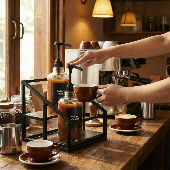 Coffee Bar Accessories, 4 Pack 16.9oz/500ml Coffee Syrup Dispenser with 1/4oz Pump, 2-tier Syrup Rack Organizer, Labels, Straw Brushes, Funnels for Kitchen Countertop, Wine, Dressing Storage