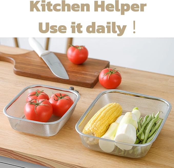 18/8 Stainless Steel Fine Mesh Strainer Basket with Feet, Rectangular Colander for Vegetables, Fruits, Pasta, Noodles – Rustproof, Durable & Easy to Clean (7.48 inch)
