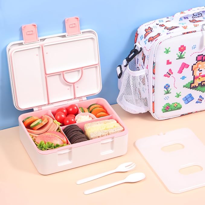 rockpapa Chill Bento Box for Kids- Large 5.5 Cups Lunch Box with Ice Pack - 5 Compartments, BPA-Free, Leak Proof, with Utensils & Portable Handle, Microwave/Dishwasher Safe (White Pets Dog)