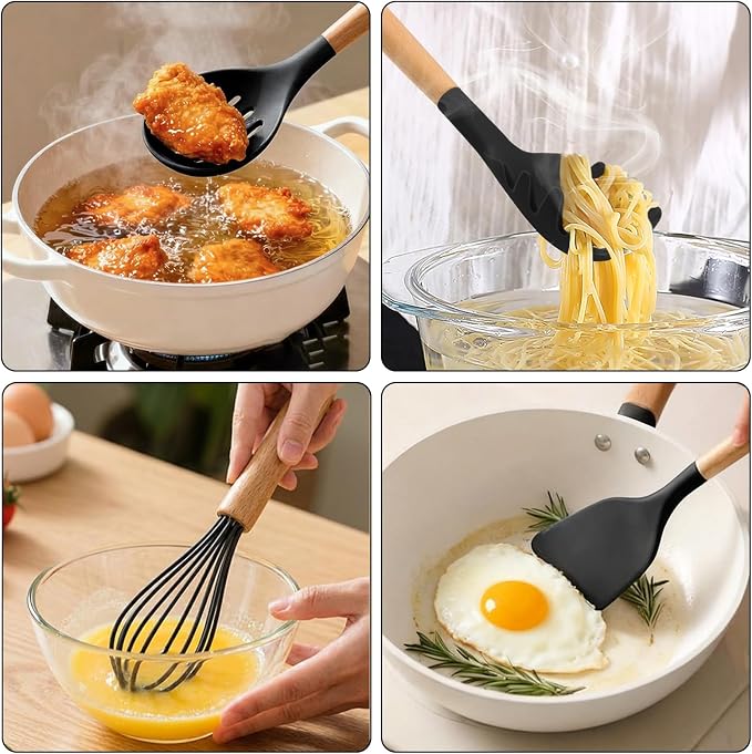 Silicone Cooking Utensil Set,10 PCS Cooking Kitchen Utensils Set, Nonstick Kitchen Utensils 446°F Heat-Resistant Cookware Tools of Spoon,Brush,Whisk,Spatula,Turner Tongs (Black)