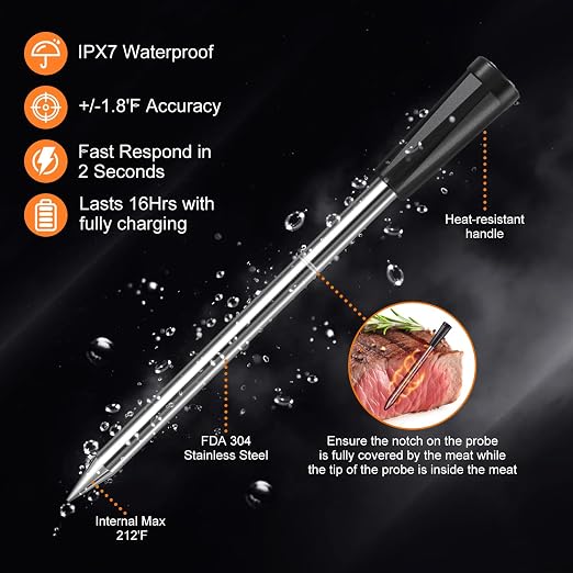 INSMART Wireless Smart Meat Thermometer,330FT Bluetooth Range,100% Waterproof,Precision Cooking Grilling,Multi Sensors,for BBQ,Oven,Grill,Kitchen,Smoker, Rotisserie Turkey Beef (Wood)