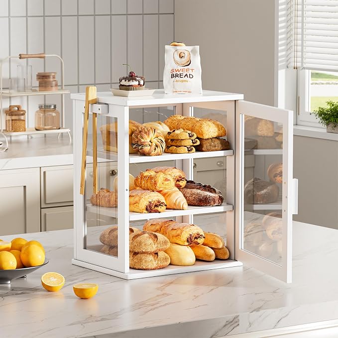 WOWLIVE Bread Box for Kitchen Countertop, 3 Layers Bread Storage Container | Large Bamboo Bread Bin for Homemade Bread with Window, Farmhouse Breadbox Organizer for Kitchen, Cabinet, White, Meduim