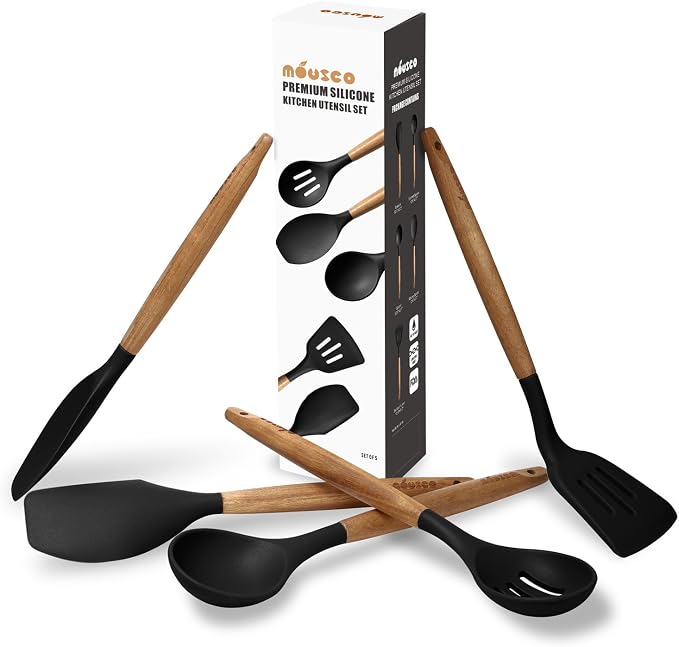 Kitchen Utensils Set, Silicone Cooking Utensils Set,Non-Stick Silicone Spatula Set with Natural Acacia Hard Wood Handle, 5 Piece, Upgraded Thickened Cookware