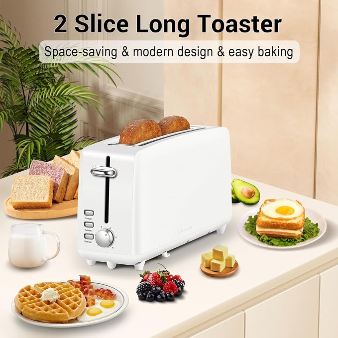 SEEDEEM Stainless Steel Toaster 2 Slice Slim, 10" Single Long Slot, White | 6 Shade Settings, Extra Wide Slot Fits Bagels & Artisan Bread, Defrost, Cancel Function, Removable Crumb Tray
