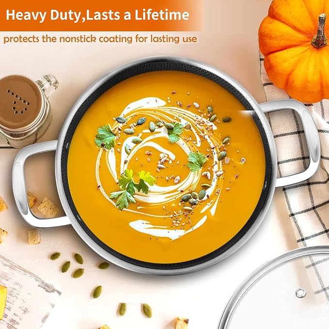 DELARLO Tri-Ply Non Stick 5 Quart Stainless Steel Stock Pot Heavy Duty | Induction Ready, Cooking Pots with Lids, Stockpot 600℉ Oven Safe, Food Grade Cookware, Soup Pot