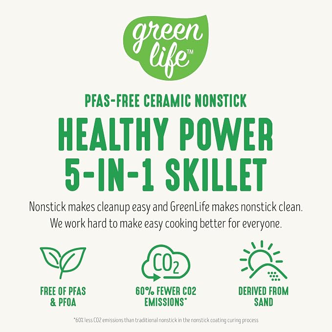 GreenLife 12" 5QT Electric Skillet, Black | PFAS-Free Ceramic Nonstick Coated Interior, Glass Vented Lid, Temperature Control, Dishwasher Safe, Pancakes, Eggs, Bacon