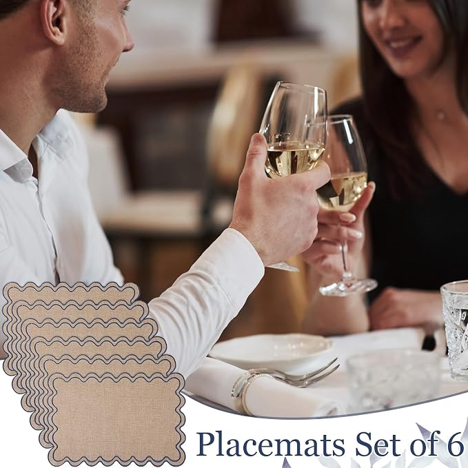 HunnmingRe Linen with Blue Set of 6 Cotton Linen Wedding Placemats, 13x19 Inch Scalloped Wavy Embroidery Placemat Double Layered Washable Rustic Rectangle Dinner Table Mat for Home Decor
